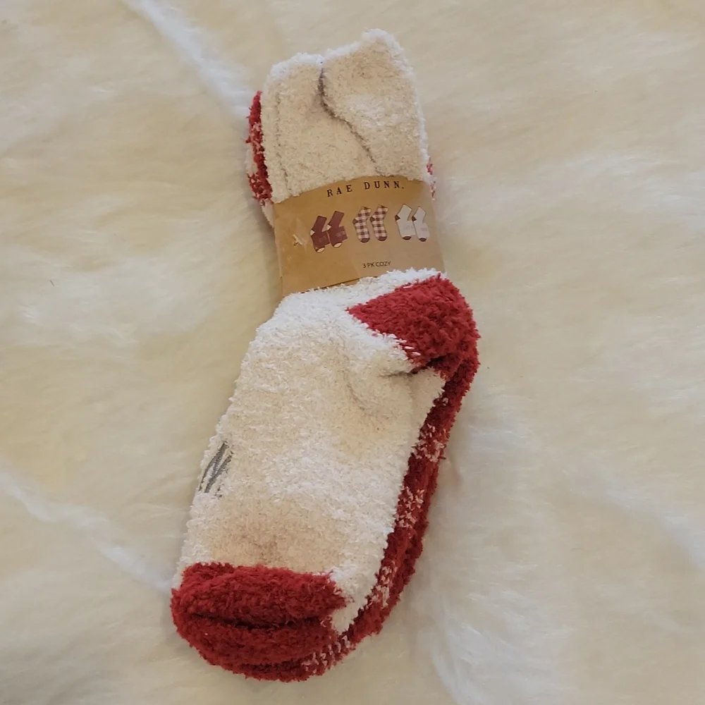 RAE DUNN 3 Pk Red Cream Embroidered Loungewear Cottage Winter Soft‎ Cozy Socks